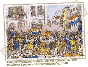 Februarrevolution, Erstürmung der Tuilerien in Paris, Kolorierte Kreide- und Federlithografie, 1848