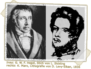 links: G. W. F. Hegel, Stich von L. Sickling; rechts: K. Marx, Lithografie von D. Levy-Elkan, 1836 links: G. W. F. Hegel, Stich von L. Sickling; rechts: K. Marx, Lithografie von D. Levy-Elkan, 1836